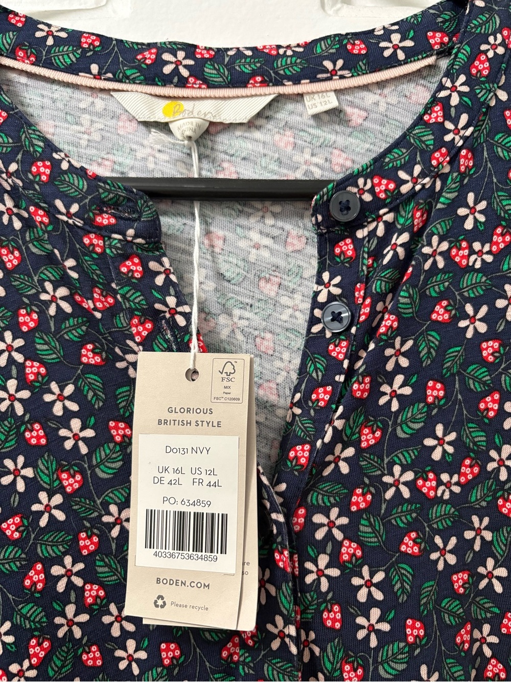 Boden Navy Floral Dress with Red Berry Print Size 12L